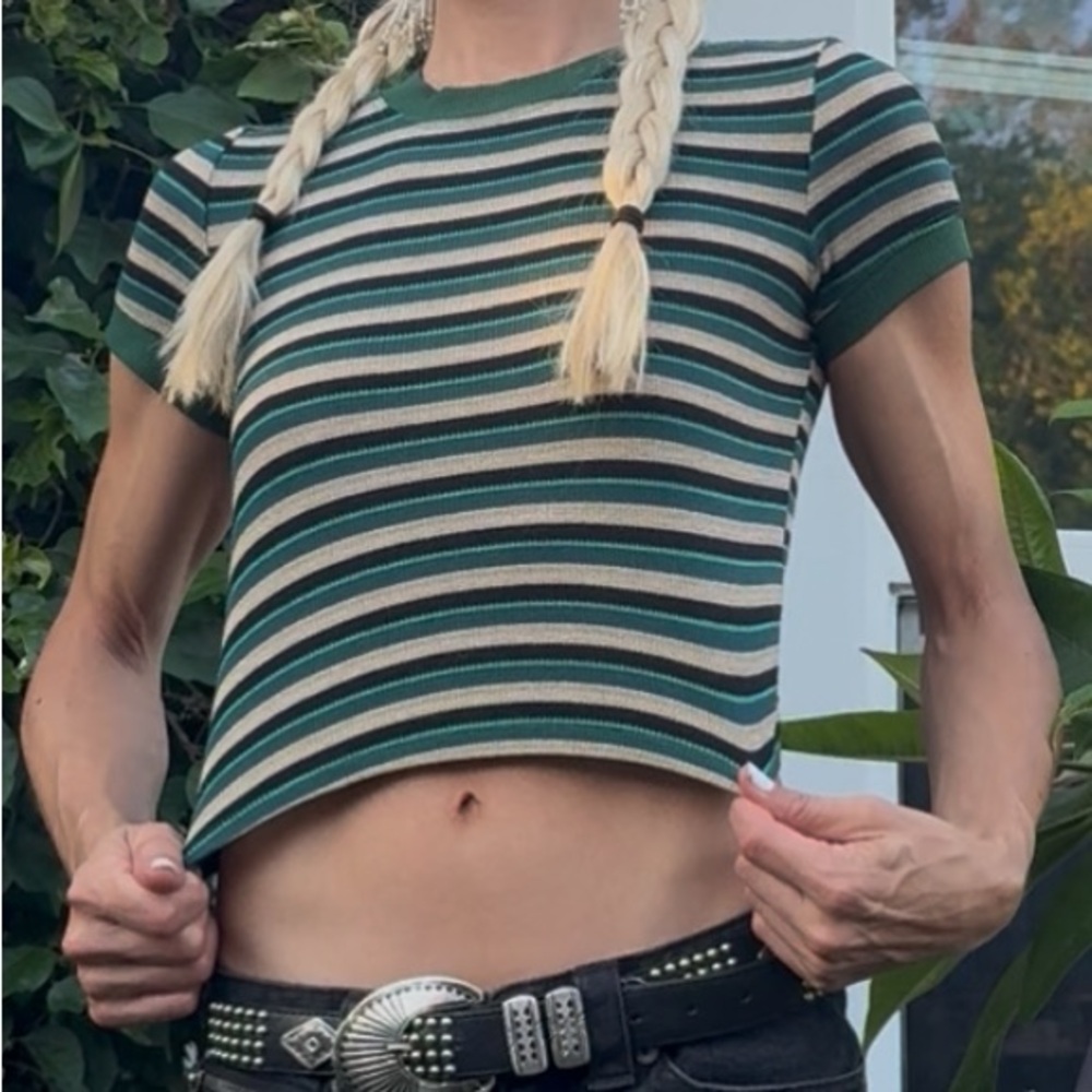 Asics Green and Beige Striped Short Sleeve Top